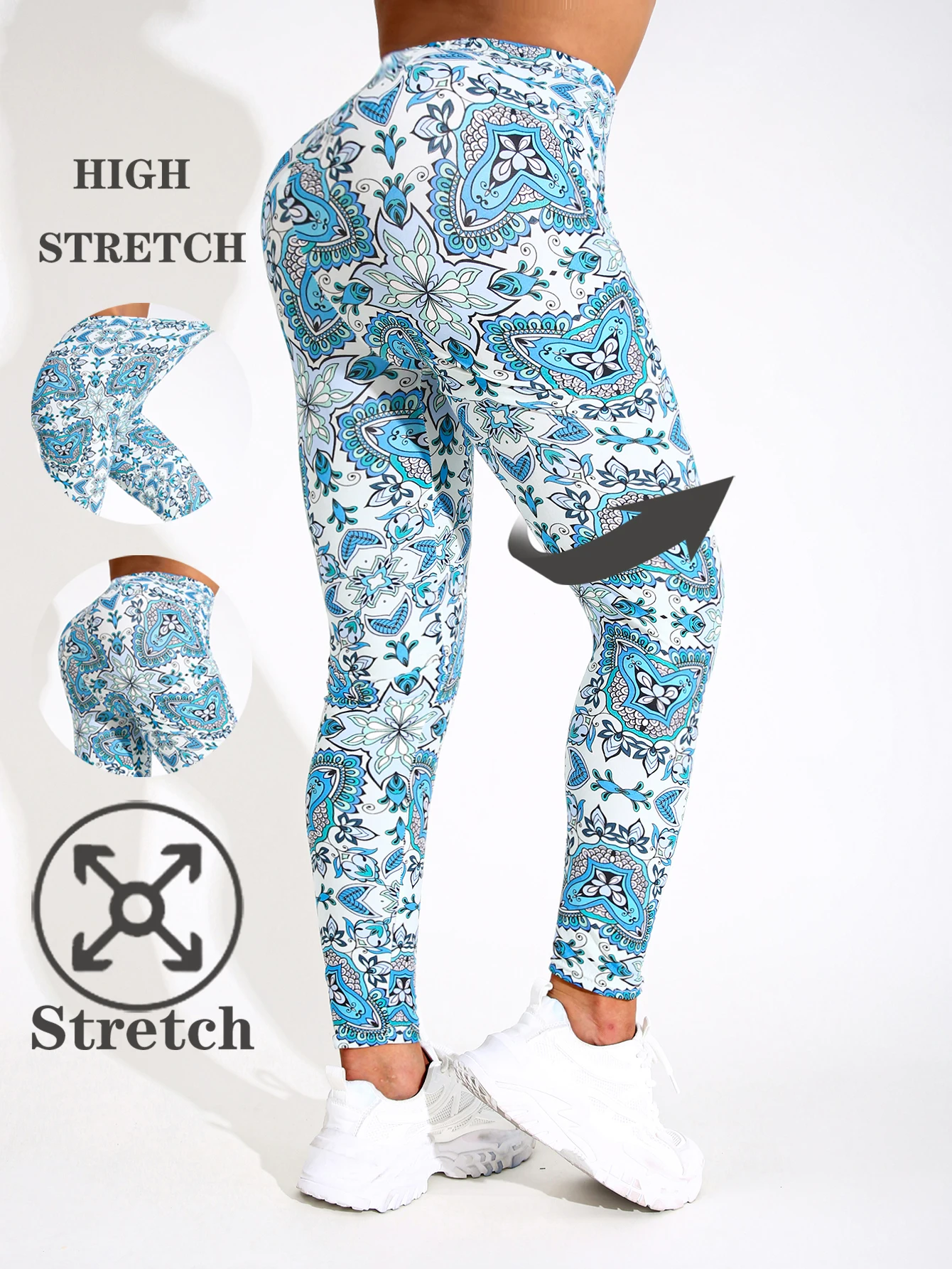 White Background Blue Totem Print Casual Tight Pants Women's Tight Pants High Elasticity Fitness Yoga Pants Sexy Cropped Pants 1
