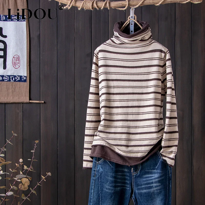 

2023 Autumn Winter New Striped Printing Fashion Turtleneck Long Sleeve T-shirt Women Contrast Color Vintage All-match Pullovers