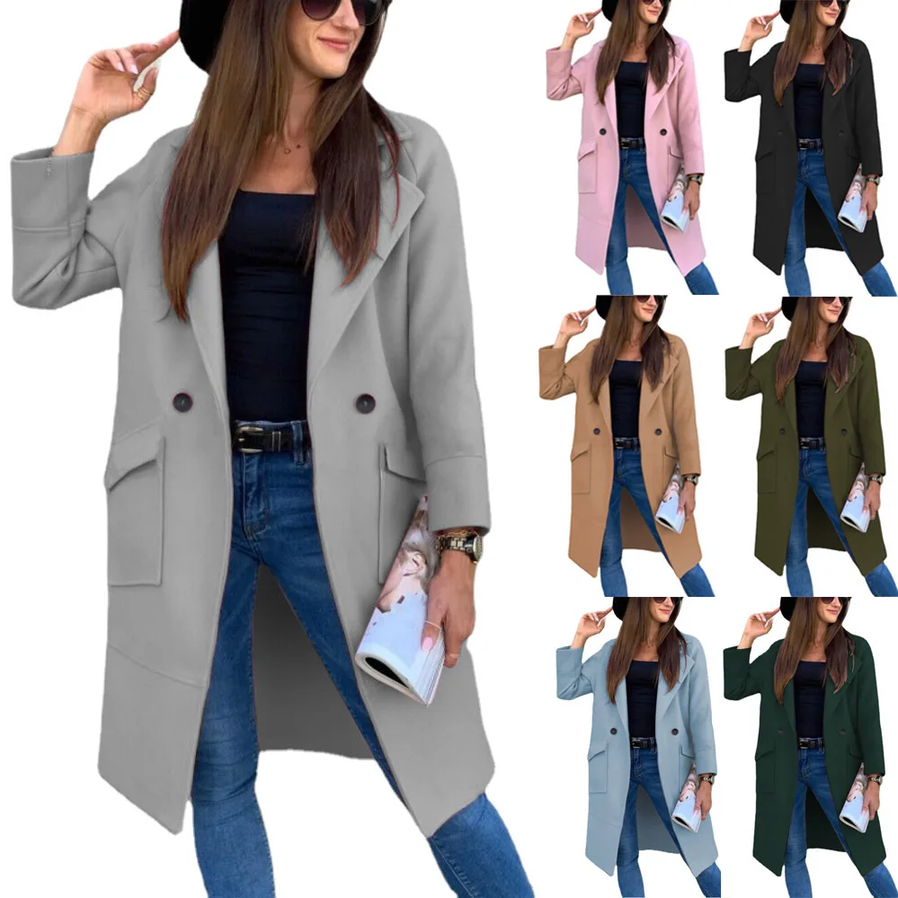 

2022 new autumn and winter solid color long-sleeved suit collar button pocket woolen coat vintage coat woman coat