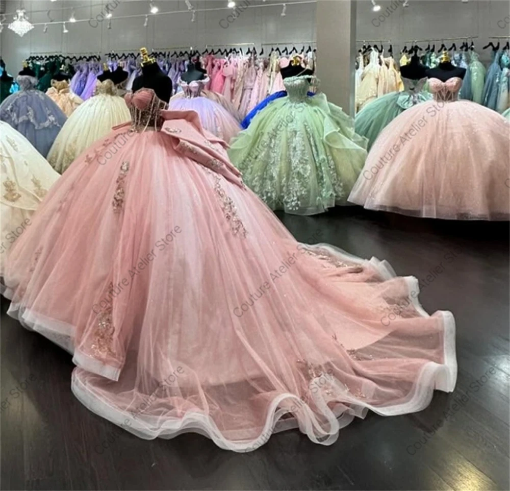 Exquisite Pink Sweet 16 Quinceanera Dresses Rhinestones Corset Applique Ball Gown With Bow vestidos xv a&ntilde;os nuevos Customized