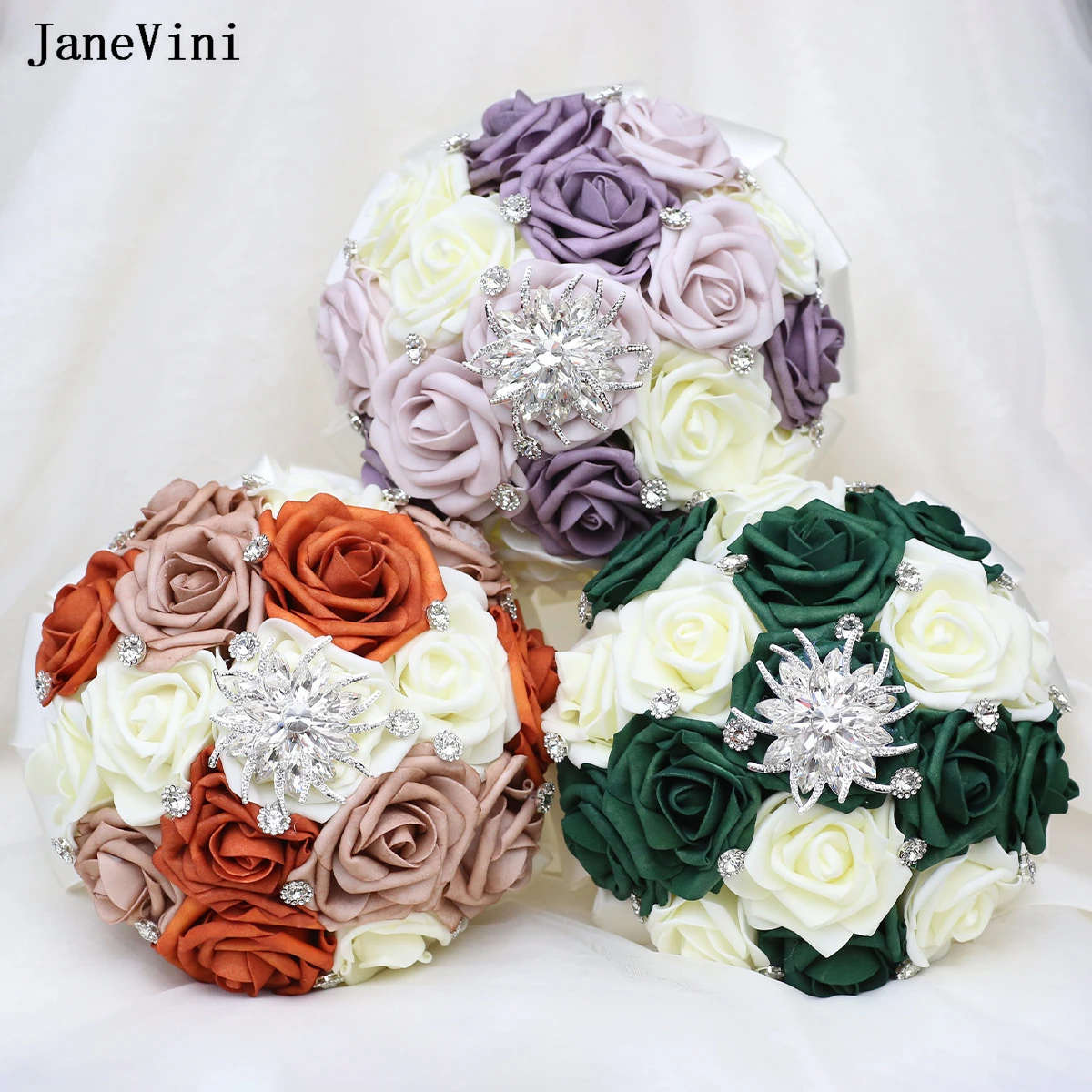 JaneVini Vintage Orange White PE Bridal Bouquets with Silver Rhinestones Artificial Foam Roses Fake Wedding Flowers Bouquet