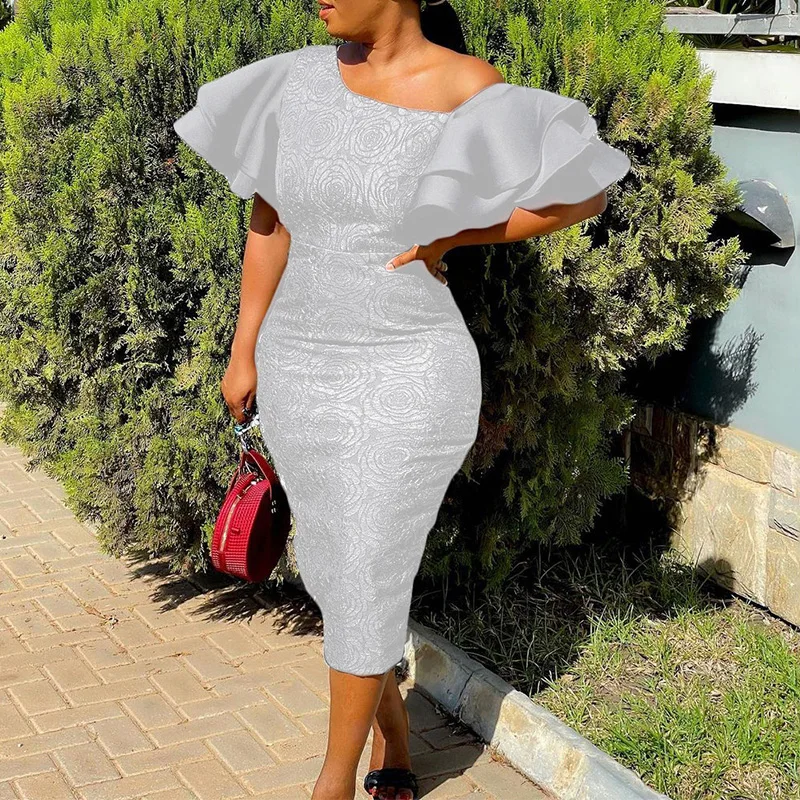 Plus Size Women Clothing Office Lady Lace Patchwork Bag Hip Pencil Skirt Autumn Fashion Off Shoulder Ruffles Zipper Party Dress