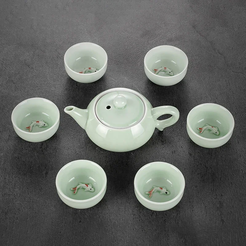 High quality Kung Fu Tea set,longquan celadon fish tea set ceramic teapot kettle ceramic Teaware teacup fish tea set drinkware