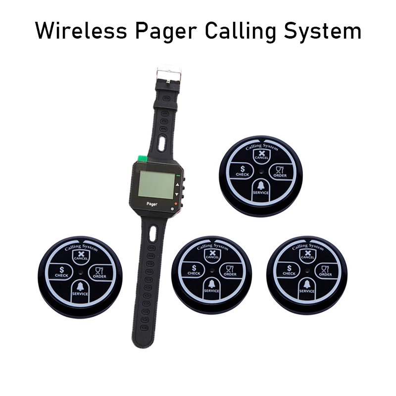 

Watch Pager Wireless Calling System Waterproof Built-in Rechargeable Battery 4pcs Emitter Button for Restaurant Hospital Bar Use