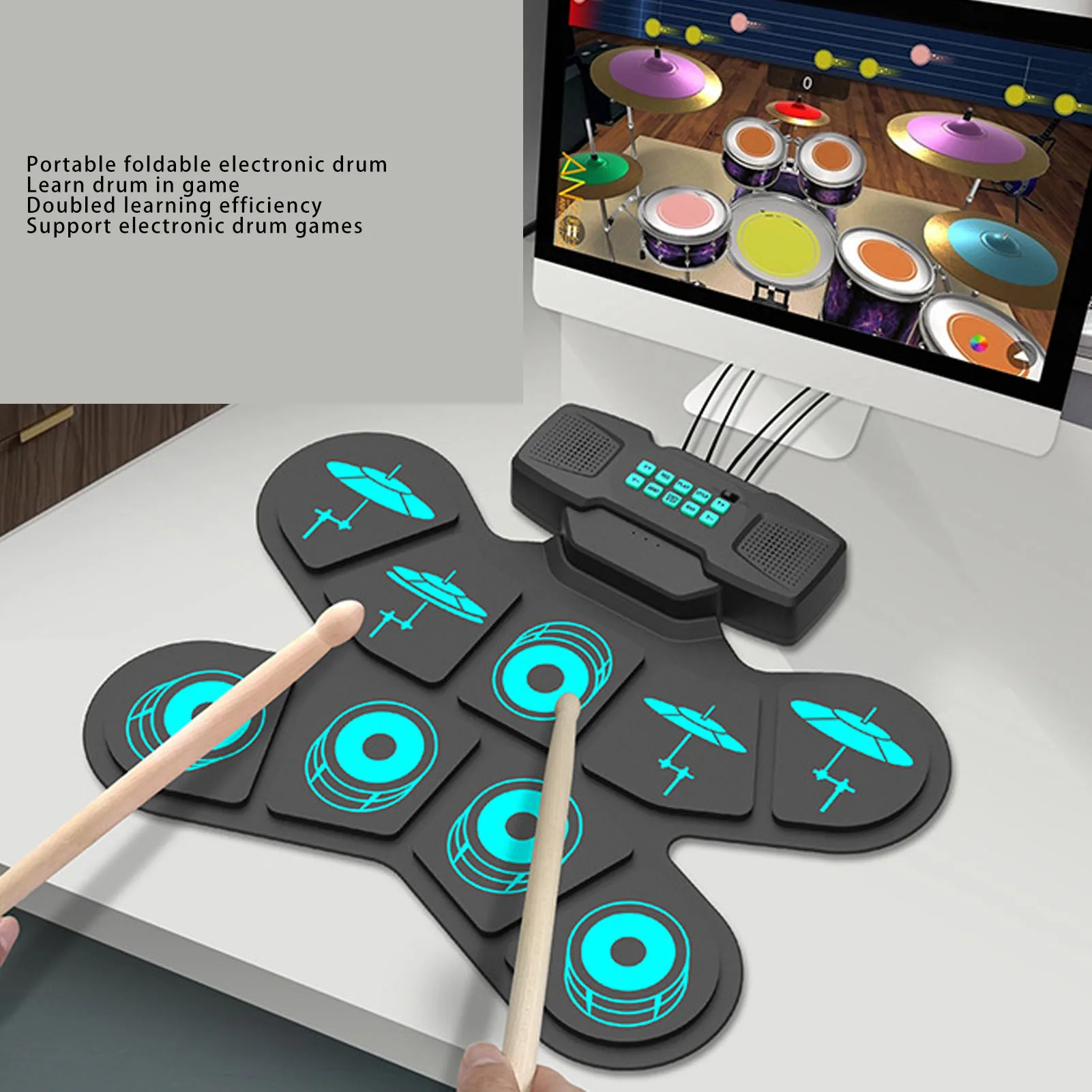 Electric Drum Pad Set Kids 9 Pads Roll Up Practice Tool with Sticks Headphone Jack Speaker Pedals Electric Drum Pad with Sticks
