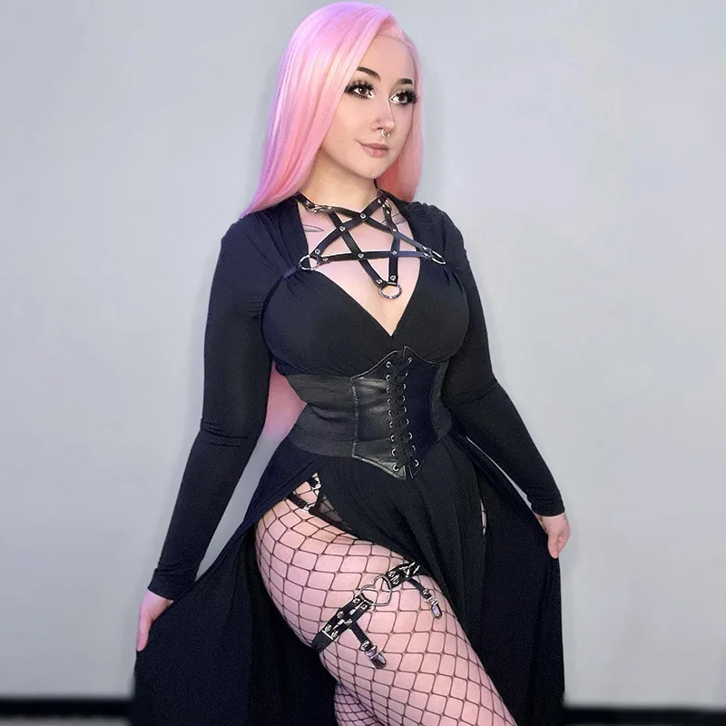 

Gothic Y2K Punk Dress Long Sleeve Autumn Dress Women Hollow Out Sexy V Neck Split Maxi A Line Dress 2022 New Vintage Vestidos