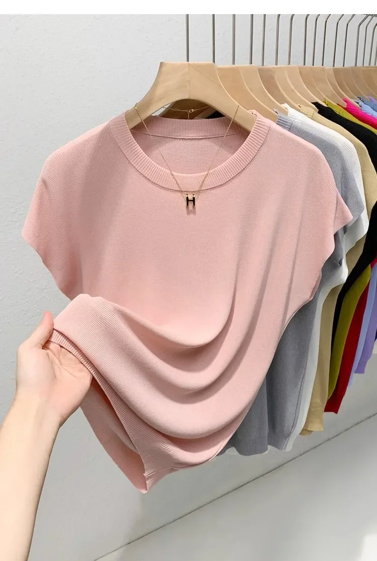Neue Oansatz Kragen T-shirt Koreanische Eis Seide Stricken Kurzen ärmeln Slim-fit Elastische Feste Innere Bodenbildung Shirt Sexy große Brust T-shirt – Detail 6