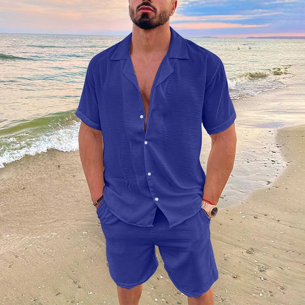 Solid Color Cotton Linen Hawaiian Shirt Set Men Summer New Vacation Fashion Lapel Casual Short Sleeve Top Shorts 2pcs Set