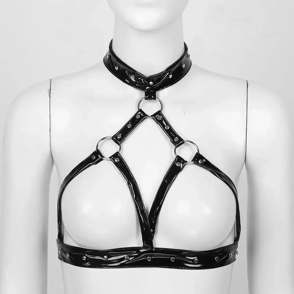 Sexy Women's Halter Neck Bandage Erotic Expose Breast Nipple Lingerie Latex Leather Sleeveless O Ring Buckled Open Cup Bras Tops