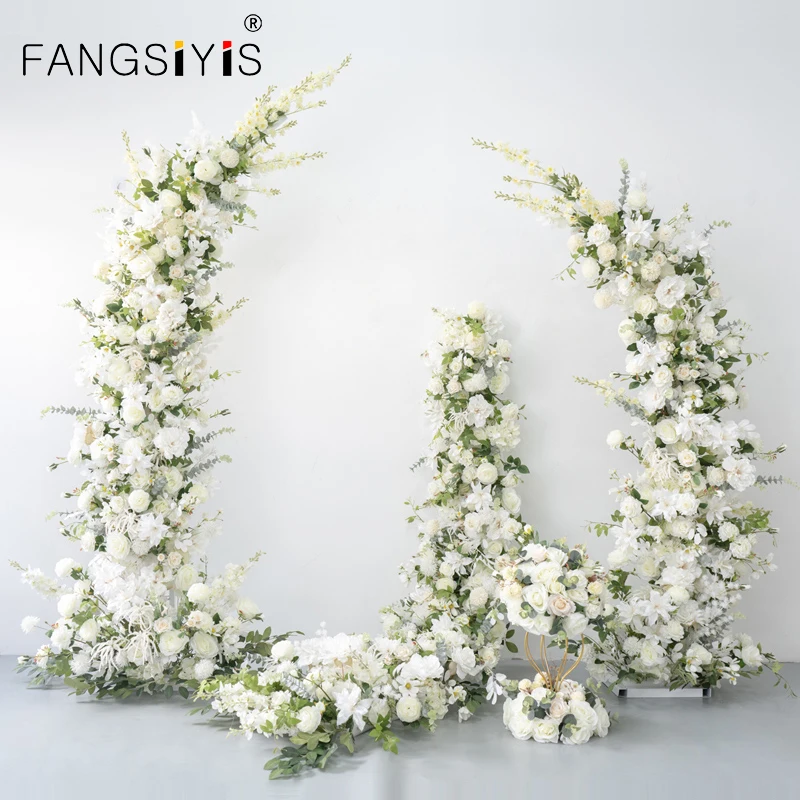 

With White New Moon Shape Horn Arch Flower Runner Wedding Backdrop Arrangement Marriage Event Party Stage Prop Table Floral Bal