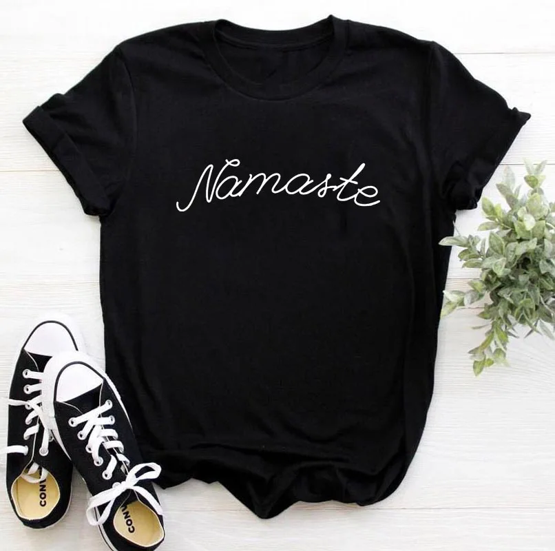 

Namaste Graphic Tshirt Women Short Sleeve T Shirts Women Black Femme T-shirts Tops White Camisetas woman tshirts