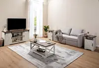 4-Piece Farmhouse Table Set Includes Sliding Barn Door TV Stand, Coffee Table& Two End Tables, Side Table with Charging Station 1
