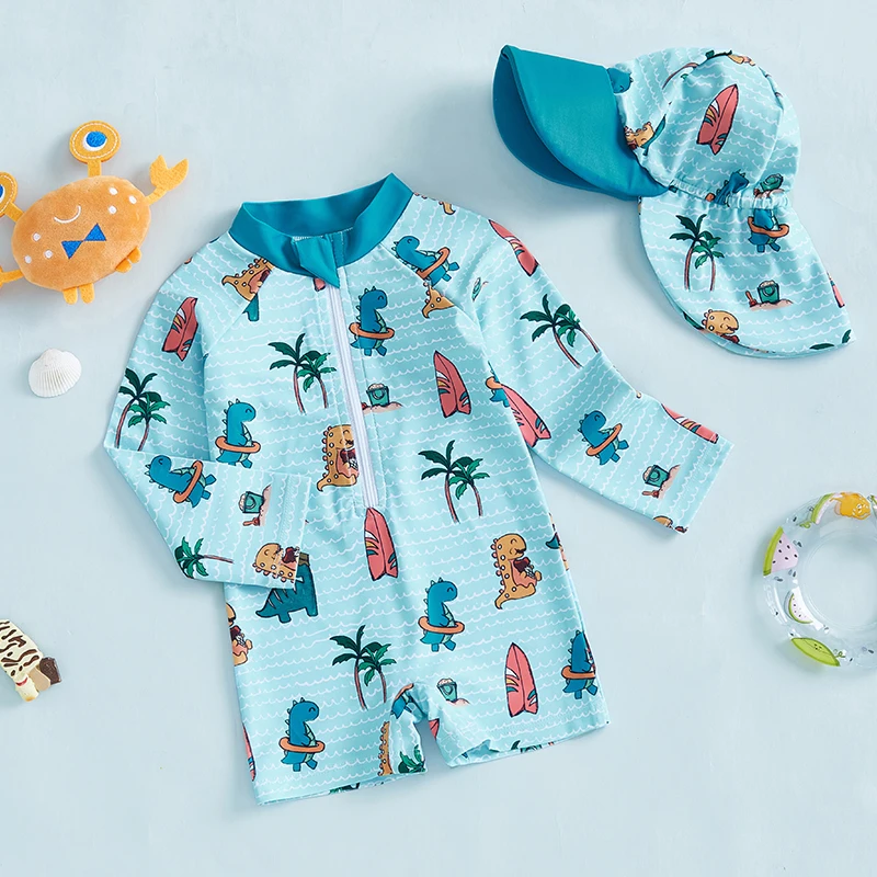Citgeett Summer Kids Boy Swimsuits Cute Cartoon Print Long Sleeve Zipper Bathing Suit Sun Cap Clothes