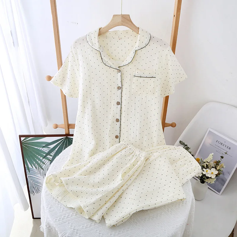 Summer Women's 3-Piece 100% Gauze Cotton Pajama Set - Short-Sleeved Top, Long Pants & Shorts