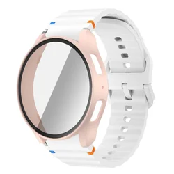 Premium Silicone Watch Strap with Protective Case and Screen Protector Bumper Cover - Watch 5 4 FE - 44mm (White - pink)