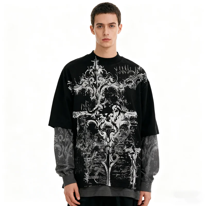 2000s American Skull Pattern Long Sleeved T Shirt Fashion Round