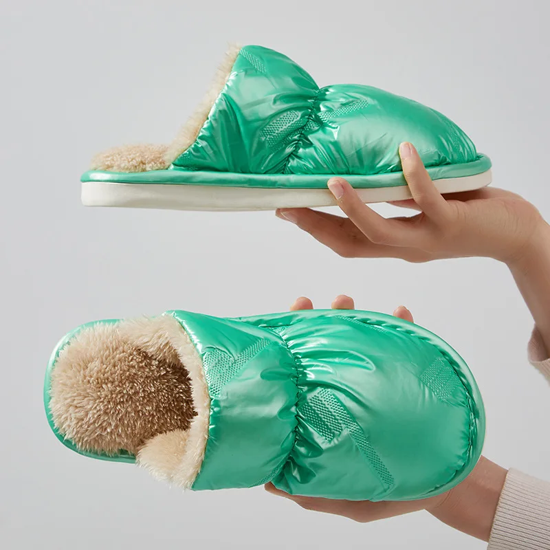 2022 Winter Couples Outer Wear Glossy Waterproof Upper Floor Slippers Women's Household Warm Down Cloth Cotton Shoes Mujer