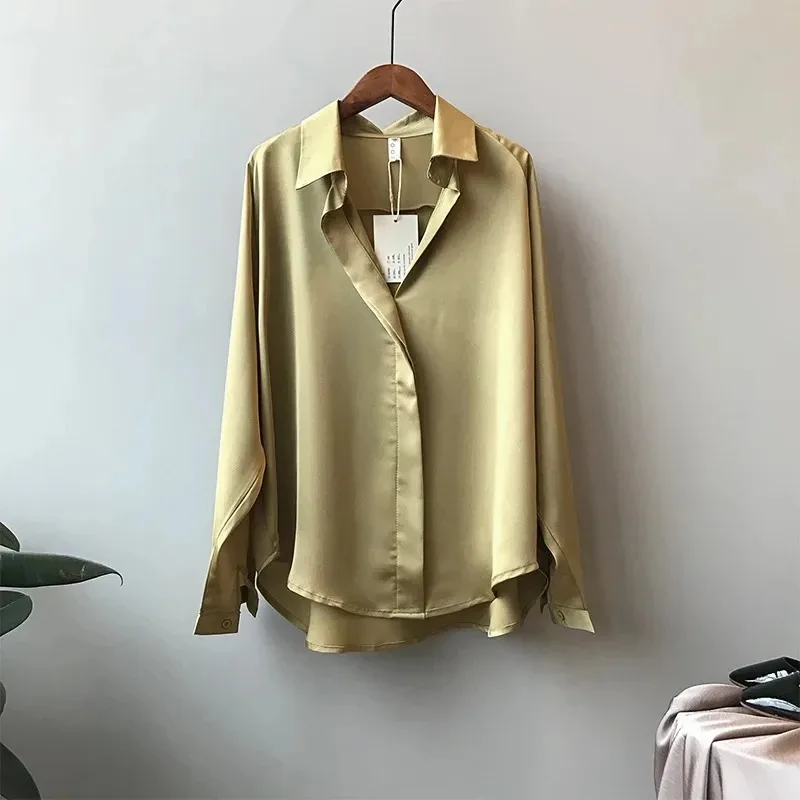 New Vintage Turn Down Collar Women's Satin Long-sleeved Cardigan Shirt Fashionable Solid Color Single-breasted Casual Top 5273