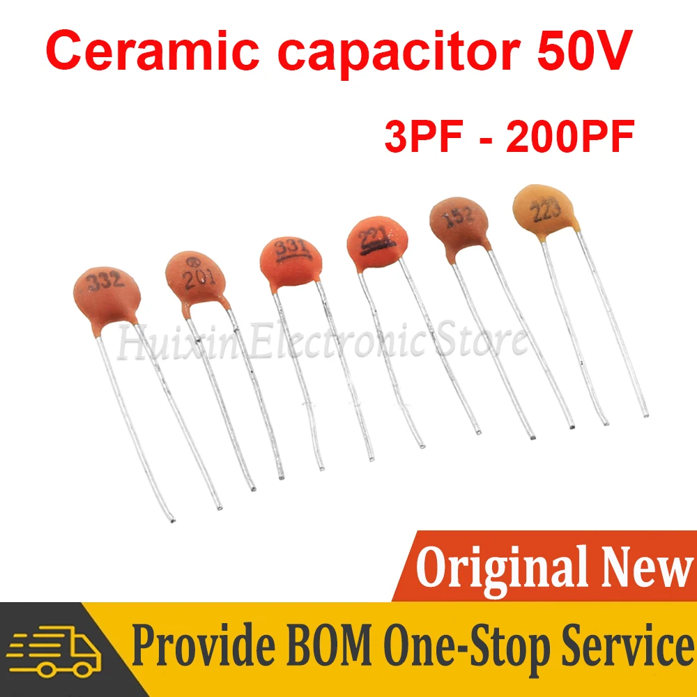 

100pcs Ceramic capacitor 50V 3pF ~ 200pF 3pF 5pF 6pF 7pF 8pF 10pF 12pF 15pF 18pF 20pF 22pF 27pF 30pF 33pF 47pF 56pF 68 75 82 100