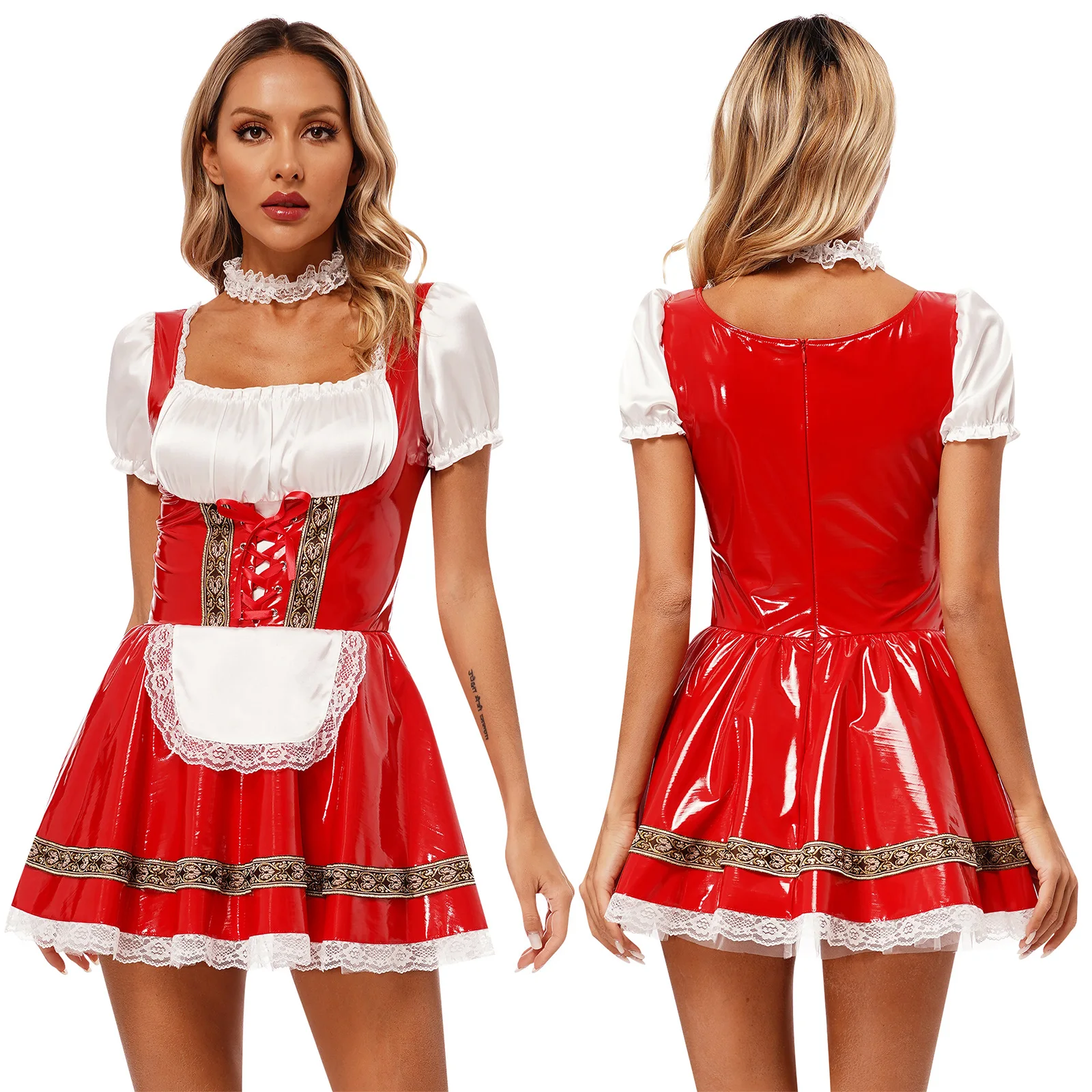 

Women German Bavarian Oktoberfest Beer Cosplay Costume Maid Uniform Glossy Wet Look Leather Lace Trim Dress with Choker Clubwear