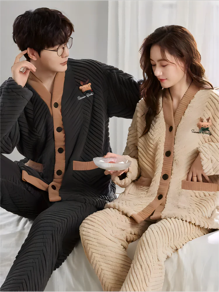 Couple Look Pijama Room Wear Winter Warm Sleepwear Big Size Pajamas Man Woman Set Korean Style Two Piece Nighty Dress Romantic
