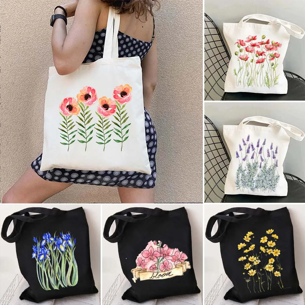 Cosmos Flower Daisy Cornflower Iris Lavanda Rosa Blu Giallo Papavero Sakura Lilla Donna Canvas Shopper Totes Bag Shopping Handbag