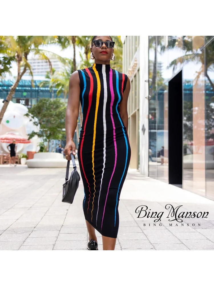 

2023 Women's Summer New Street Fashion Half High Collar Sleeveless Slim Fit Sexy Positioning Printed Stripe Street Y2k Dress