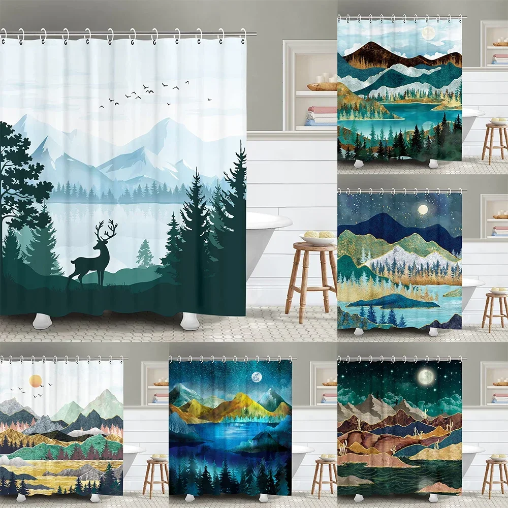 

Sunset Moon Peak Shower Curtain Natural Landscape With Hook Waterproof Bathroom Curtain Fawn Bathroom Fabric Decorative Curtain