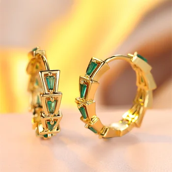 Green Crystal Geometric Stone Round Hoop Earrings For Women Vintage Gold Color Ear Buckle Wedding Jewelry Bridal Engagement Gift