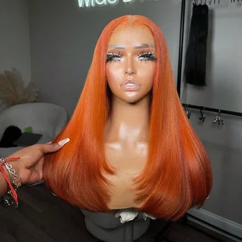 200% 34 Inch Straight Orange Ginger 13x4 Transparent Lace Frontal Wigs Human Hair For Women Pre Plucked With Baby Hair #350 1
