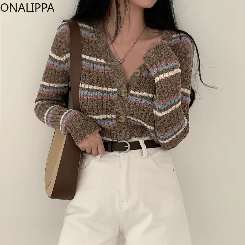 Onalippa 빈티지 스트라이프 니트 크롭 가디건, V넥 싱글 브레스트 긴팔 탑, 한국 패션 대비 가디건