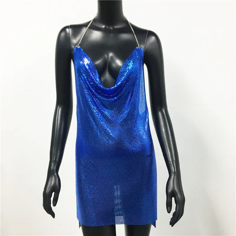 2023 Sexy Clubwear Backless Sequin Short Dress For Women Cocktail Metalic Split Mesh Harness Body Chain Club Low Cut Mini Dress