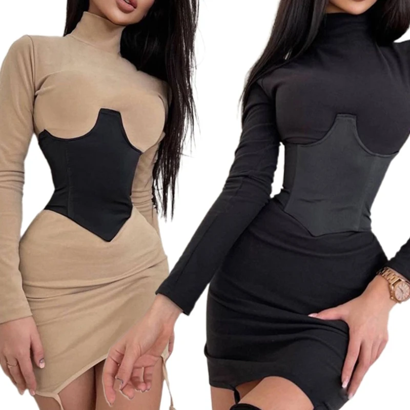 

Women Long Sleeve Turtleneck Sexy Bodycon Mini Garter Dress with Lace-Up Bandage Corset Belt Set Solid Color Clubwear P8DB