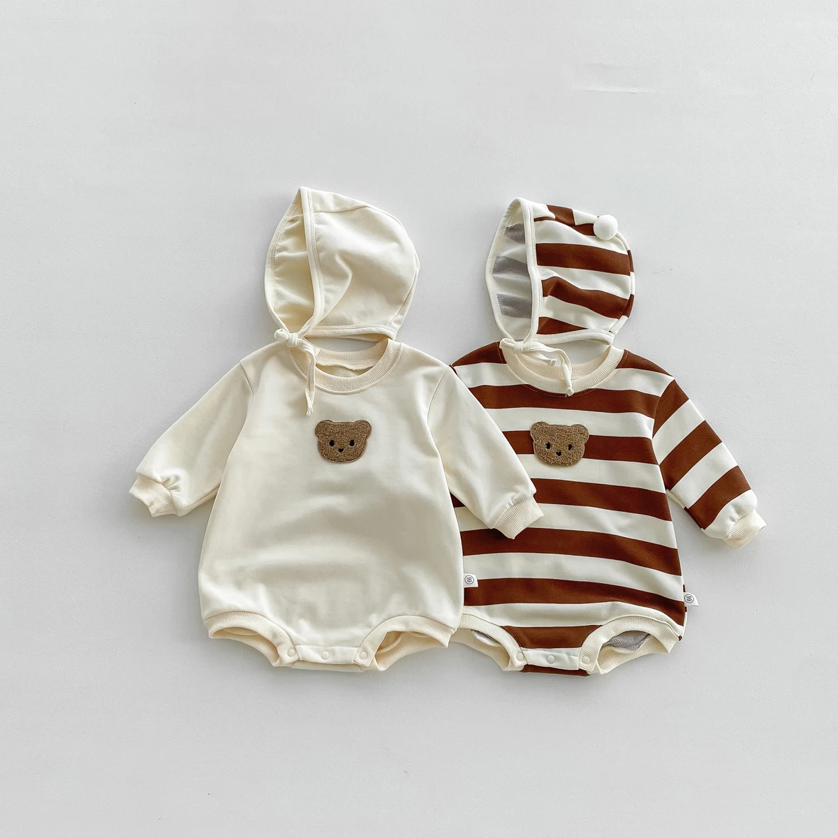 FLM Baby Romper Long Sleeved Bear Pattern + Hat Stripe Toddler Boy  Jumpsuit Baby Clothes 0-24M 5
