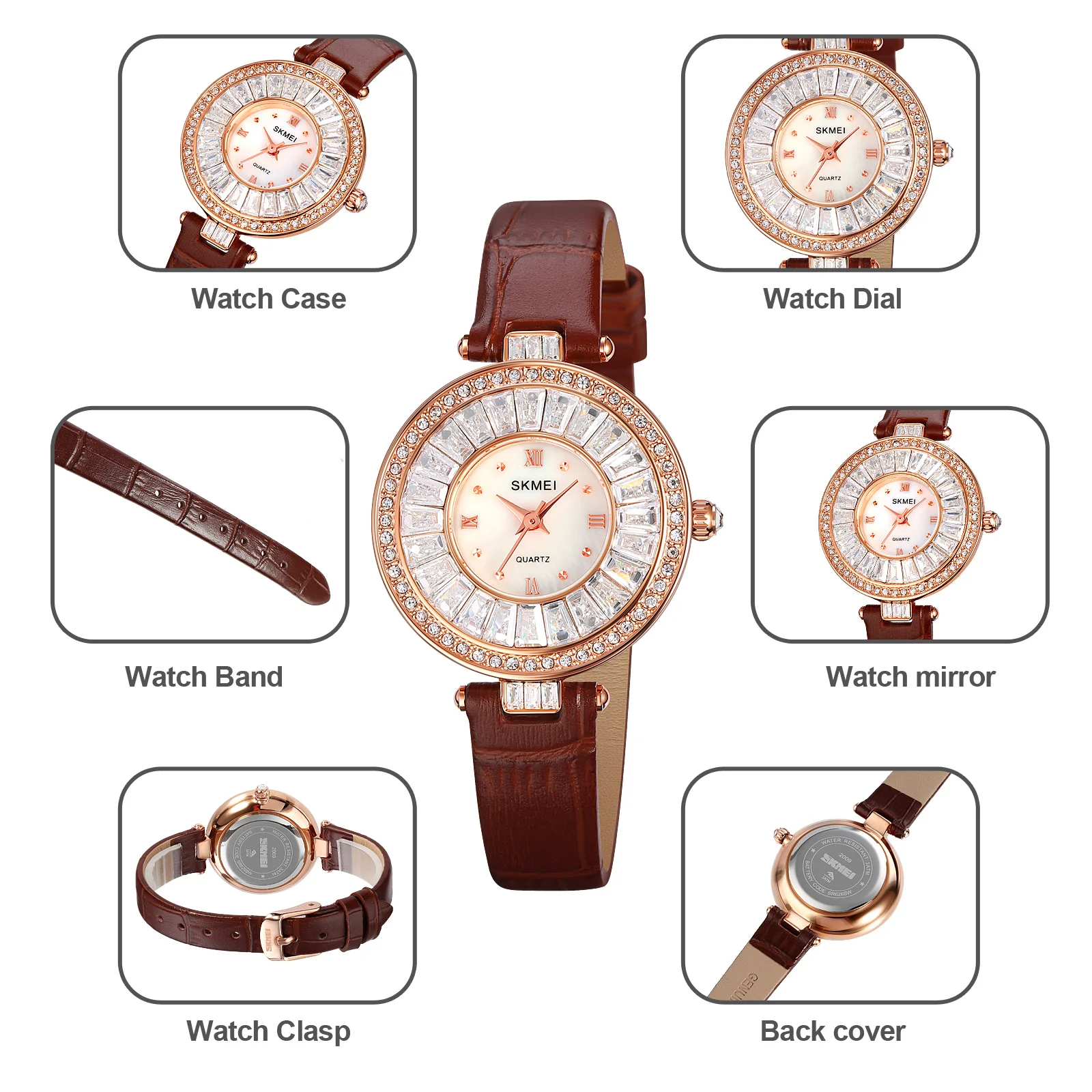 SKMEI Fashionable Light Luxury Style Small Disc Watch Set Rhinestone Dial Waterproof Temperament Goddess Кварцевые часы 2009