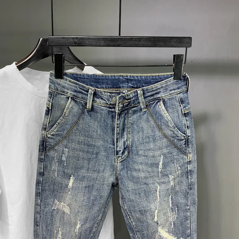 남성용 슬림핏 찢어진 청바지, 9 포인트 탄성 스웻팬츠, 캐주얼 스타일, 작은 발 펜슬 바지, 트렌디한 여름