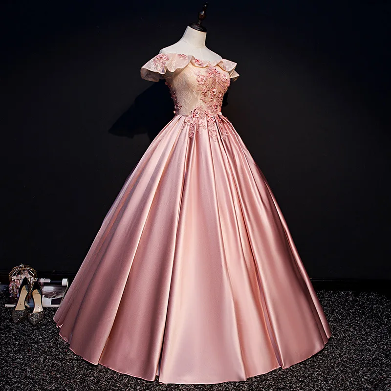 

Ashely Alsa Real Picture Nude Pink Prom Dresses Party Gown Off Shoulder Lace A Line Satin Women Formal Evening Dress Bridesmaid