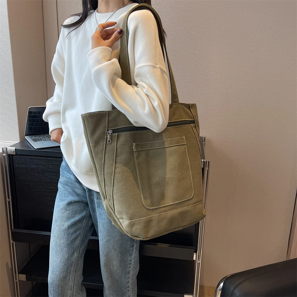 Women Canvas Shoulder Bag Large Pocket Casual Tote Women's Handbags Shoulder Handbags Travel Capacity Tote Shoulder Bags