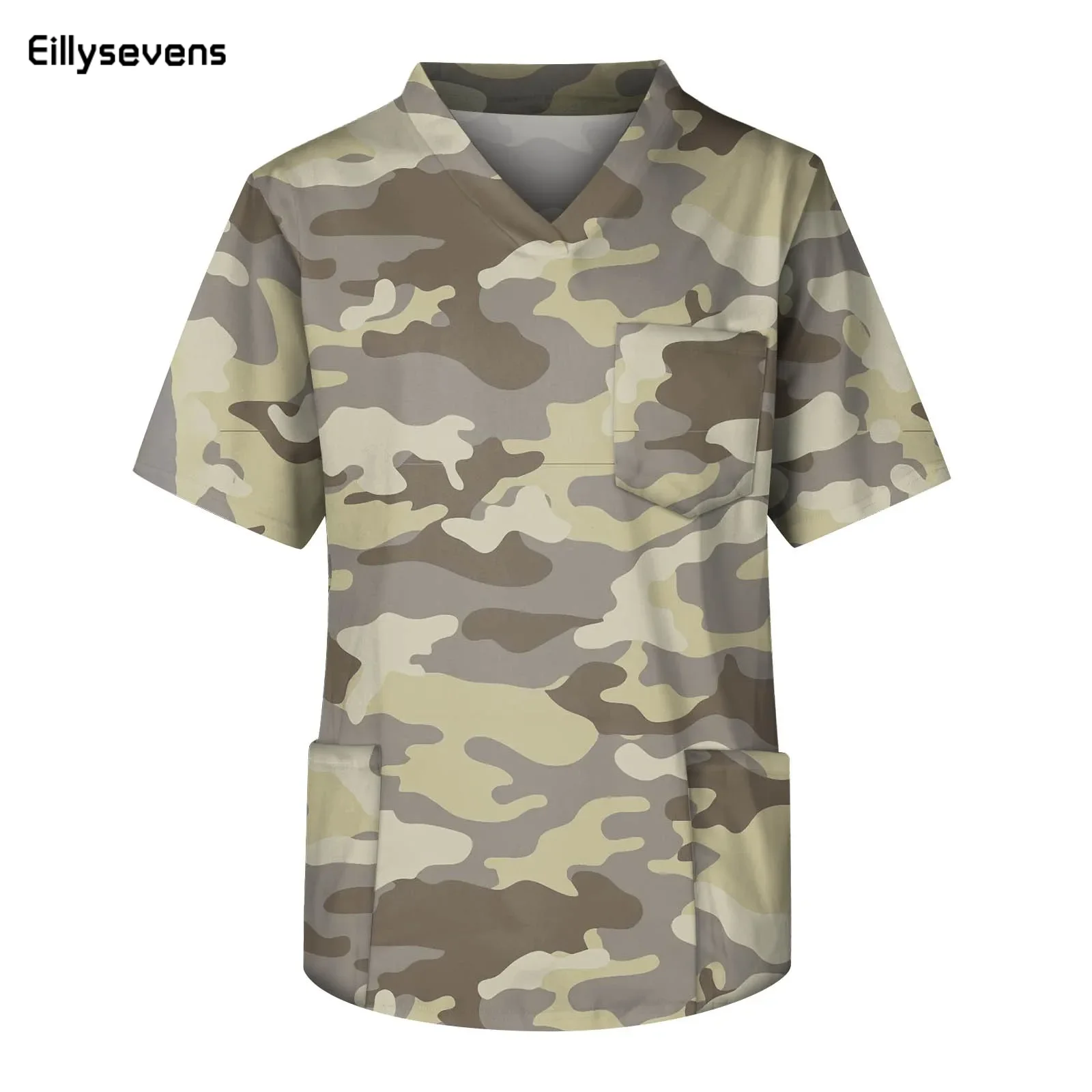 

Men'S Fashion Camouflage Short Sleeve V-Neck Tops Working Pocket Blouse Male Scrub Nurse Working Uniform T-Shirts Workwear Tee