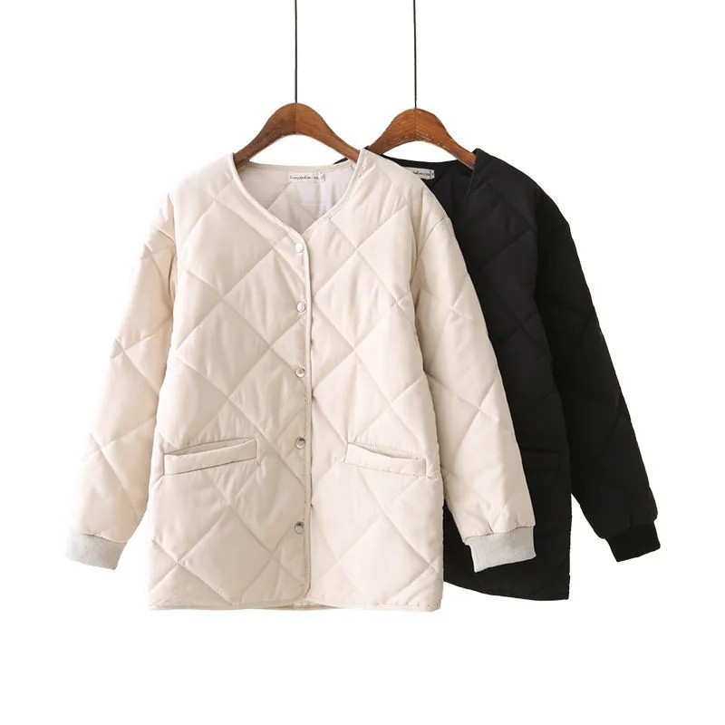 

New Casual Winter Parka Cotton Coat Women Single Breasted Long Sleeve Tops Loose Outerwear Female Beige Black Clothing