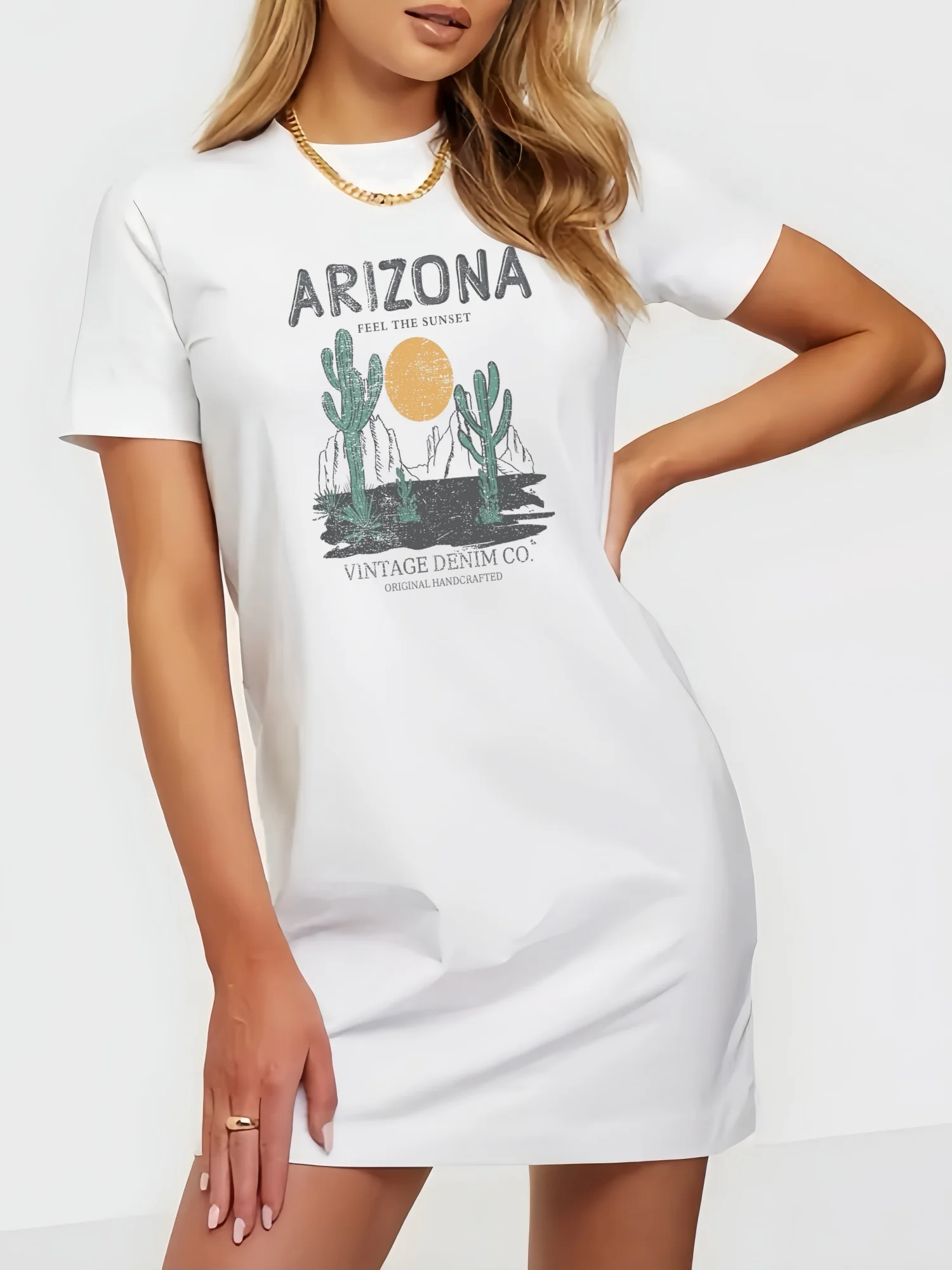 

Arizona Feel The Sunset Cactus Print Short Sleeved T Shirt Dress Woman Fashion Vintage Casual Slim Fit Short Dress Lady