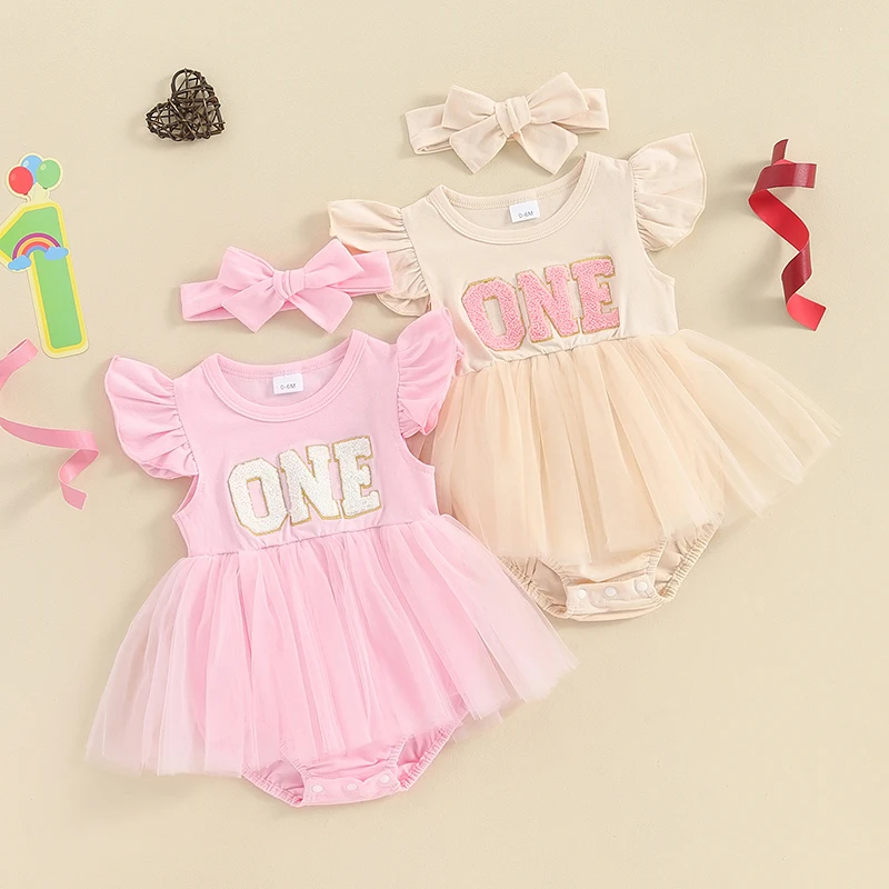

Toddler Baby's Clothes Girls Summer Romper Dress Flying Sleeve Letter Embroidery Romper with Headband Children's Clothing
