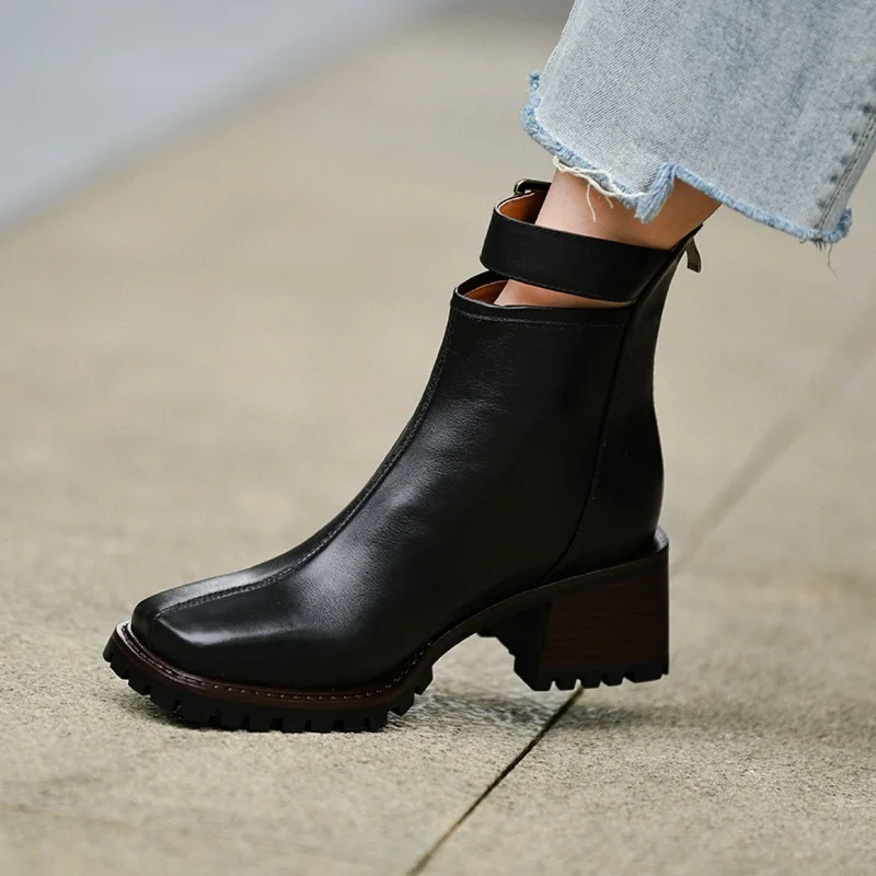 

Square ToeWomen Short Boots Retro Style Ladies Shoes Cowhide Winter Boots Side Zip Spring Autumn BuckleAnkle Boots On Heel 6 CM