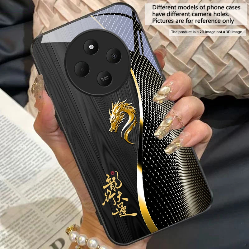 Elegant Black Tempered Glass Phone Case with Traditional Dragon Totem Design