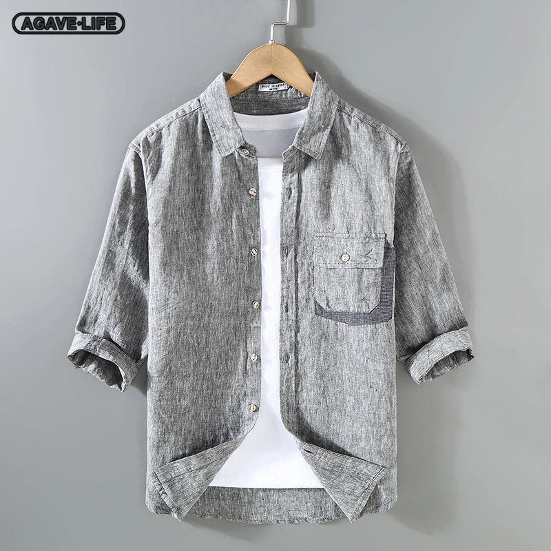 

Summer Bussiness Men's Half Sleeve Linen Shirts Handsome Male Loose Breathable Pocket Patchwork Sleeve Shirt Men Comfortable Top