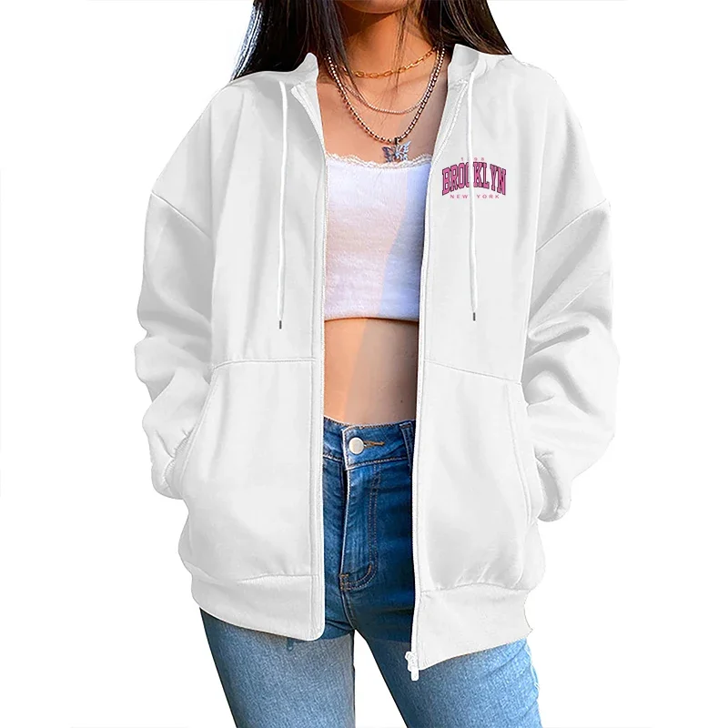 2025 New Trend Women's Long Sleeved Jackets High Quality Brooklyn Printed Zipper Hoodies Autumn Ladies Urban Casual Fashion Tops 4