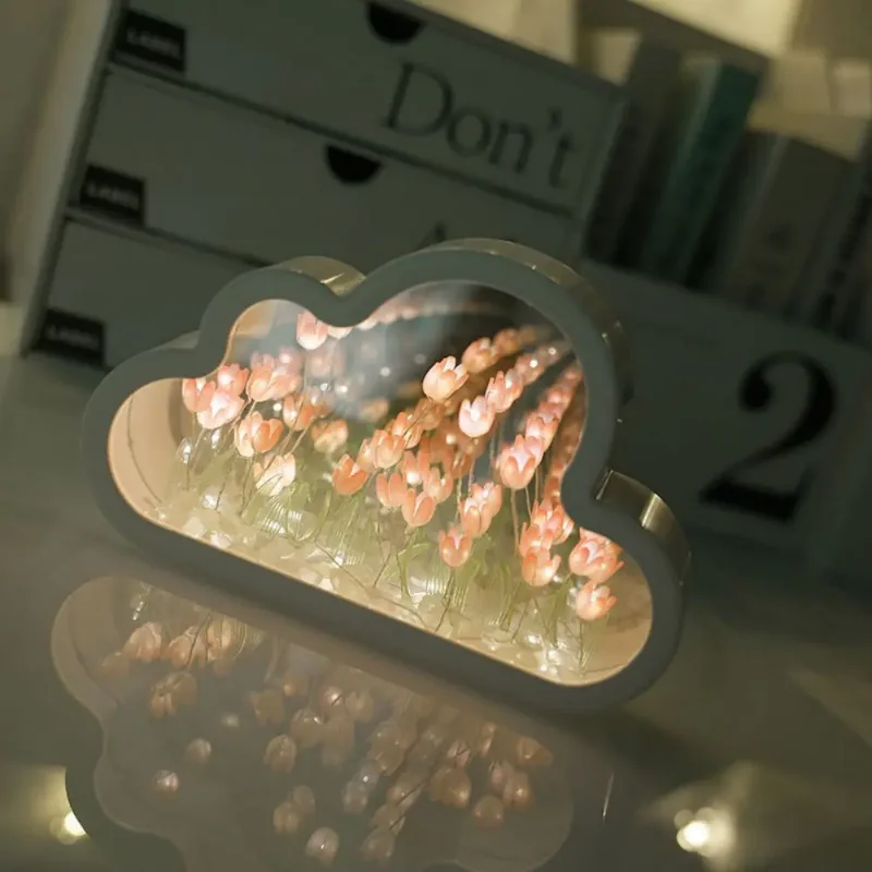 LED Night Light Handmade DIY Tulip Flower Sea Night Atmosphere Lamp Clouds Tulip Mirror Table Bedroom Decor