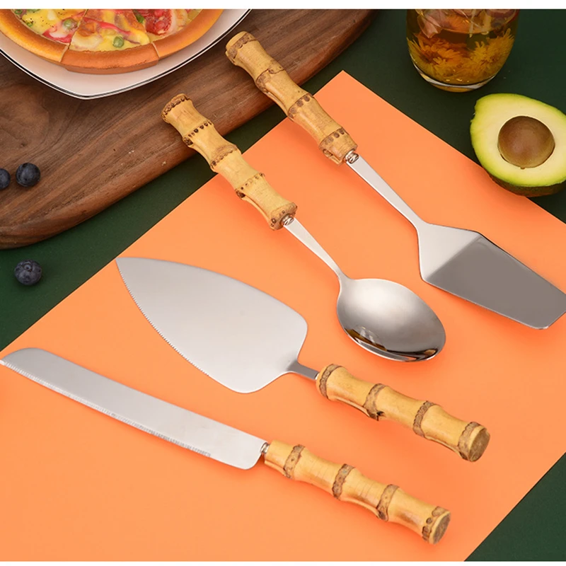 Nature Bamboo Pizza Cake Shovel Triangular Spatula Set with Cheese Slicer Cutter Knife