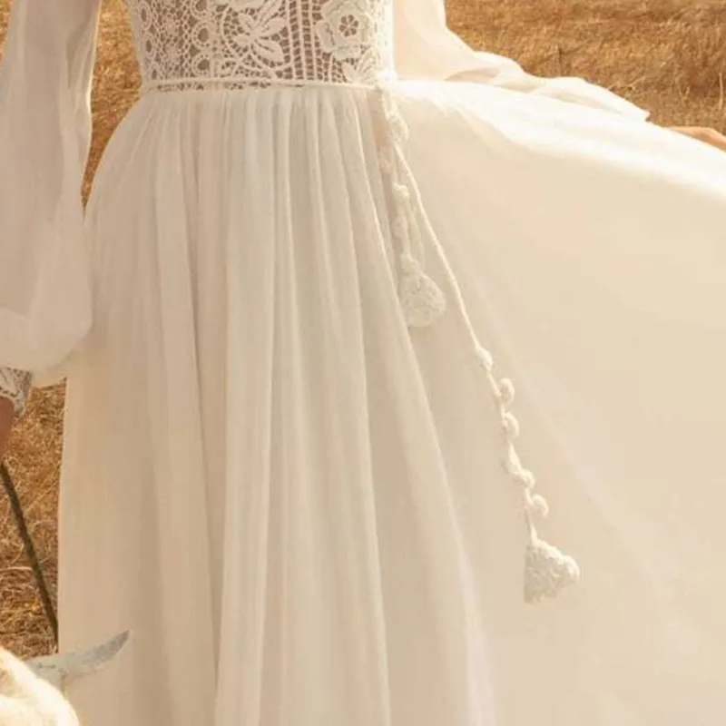 Robe de mariée Boho en mousseline de soie, col en V profond, manches longues lanterne, appliques en dentelle, ceinture simple, robe de mariée, train dos nu