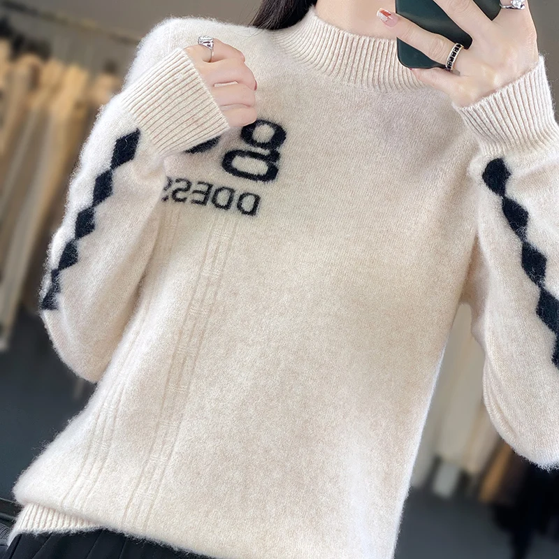

100% Pure Wool Women's Clothing Half High Collar Pullover Autumn/Winter Contrast Jacquard Top Fashion Korean Large Sweater